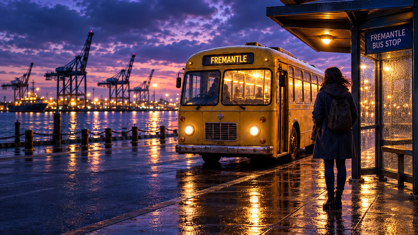 A passenger waits beside a golden vintage bus on a rainy Fremantle night